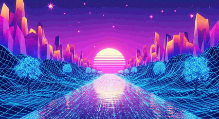 Retro 80s Sci-Fi Landscape. Futuristic Cyber City. 3d Vector Illustration