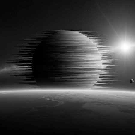 abstract space background with planet and stars in black and white colorsの写真素材