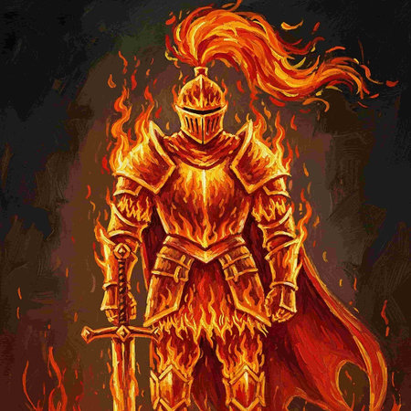 Knight in the fire. Hand drawn vector illustration on black background.の写真素材