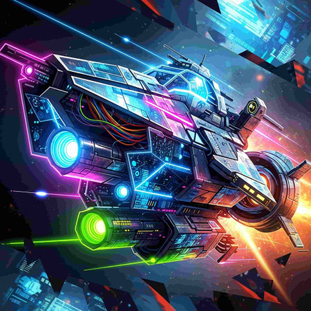 Futuristic spaceship in futuristic space. Vector illustration of spaceship.の写真素材