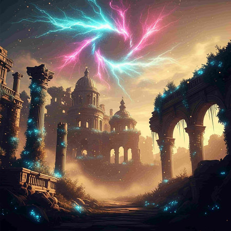Fantasy landscape with ancient temple and lightning in the sky, vector illustration