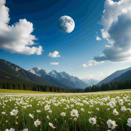 beautiful summer landscape with chamomile field and full moonの写真素材