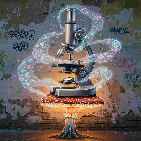 Microscope on the background of a brick wall with smoke. Vector illustration.
