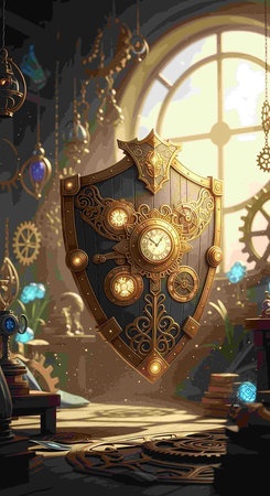 Illustration of a medieval shield with a clock in the background.