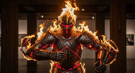 Knight with fire on his back in the armor. 3d renderingの写真素材