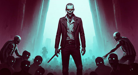 Fashion shot of a futuristic vampire with blood on his face.