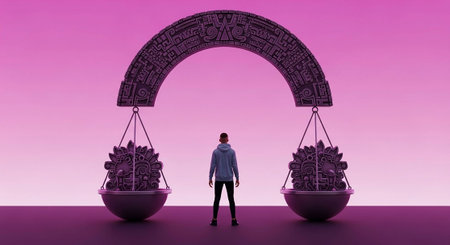 Businessman standing in front of a balance between dollar and euro symbols