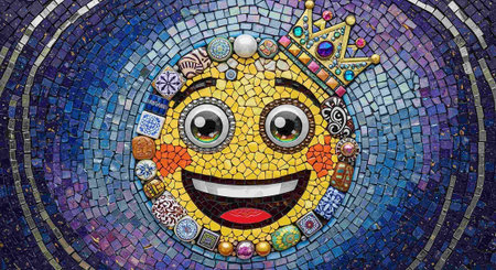 3D CG rendering of a mosaic emoji face with a crown.の写真素材