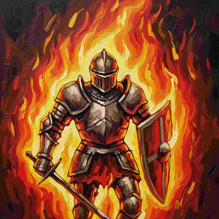 Knight in armor with sword and shield on fire background. Hand drawn illustration.の写真素材