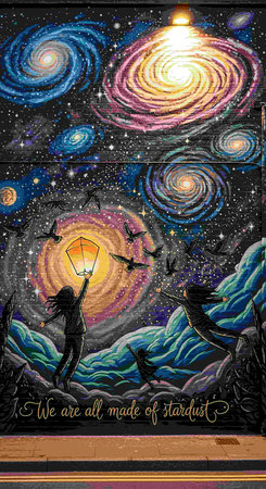 Mystical landscape with flying birds, moon, stars and clouds. Hand drawn illustration