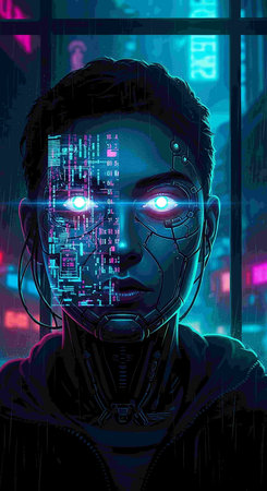Cyborg face in cyberpunk style. 3D rendering illustration.の写真素材