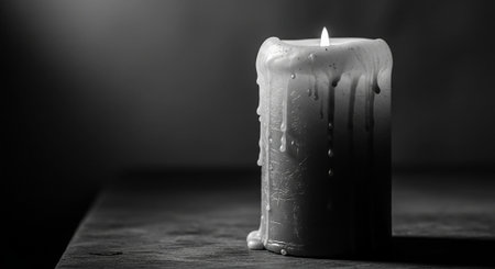 Black and white image of a burning candle on a dark background.の写真素材