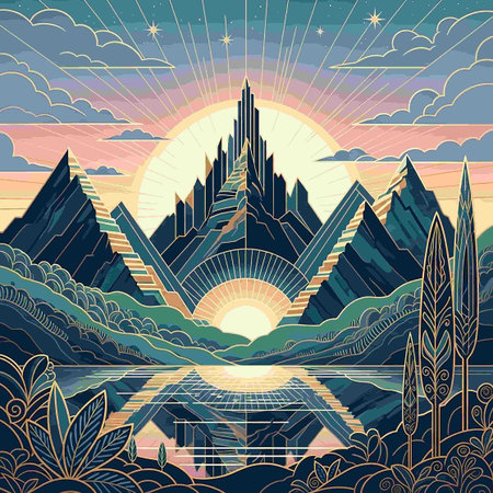 Mountain landscape at sunset. Vector illustration.の写真素材