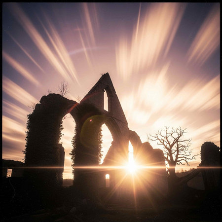 Ruins of an old abandoned church in the rays of the setting sunの写真素材