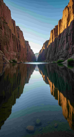 Fantastic landscape of a lake in the mountains reflected in the waterの写真素材