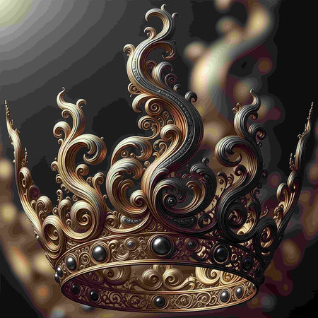 Illustration of a royal crown on a black background with golden elementsの写真素材