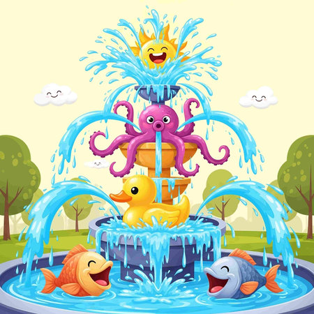 Fountain with fish and octopus in the park. Vector illustrationの写真素材