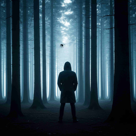 Hooded man in a dark spooky forest with fog. Halloween conceptの写真素材