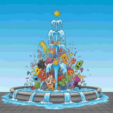 Fountain with many funny cartoon fishes. Vector illustration. Cartoon style.の写真素材