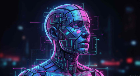 3d rendering of cyborg head in digital hologram style on dark backgroundの写真素材