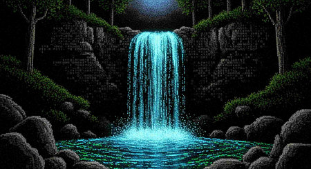 Fantasy landscape with waterfall. 3D illustration. 3D rendering.の写真素材