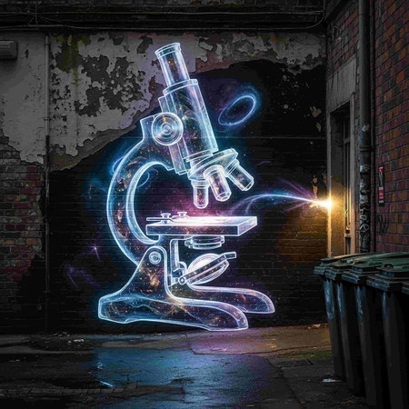 Digital composite of Glowing Microscope in front of graffiti wall.の写真素材