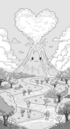 Black and white cartoon illustration of volcano erupting in the forest.の写真素材