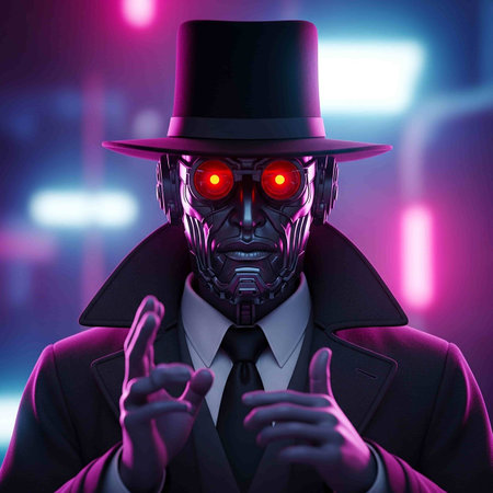 Cyborg in a black suit with a top hat and red light