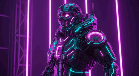 3D rendering of a robot with neon lights on a dark backgroundの写真素材