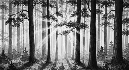 Black and white forest background with sunbeams in the mist.の写真素材