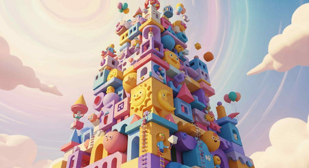 Colorful toy castle in the sky. 3d render illustration.の写真素材
