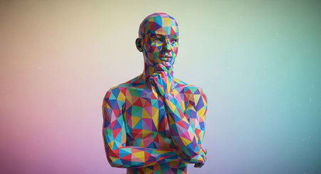 Artistic portrait of a man made of colored polygonal paperの写真素材