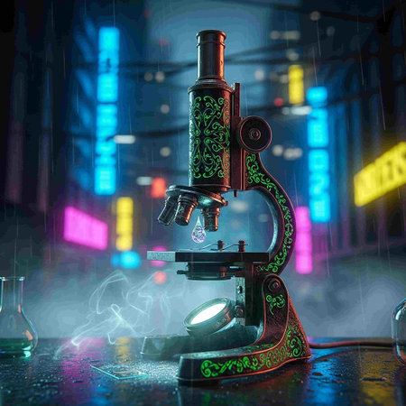 Microscope on dark background. Science concept. 3D Rendering