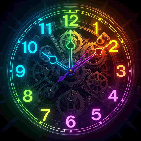 Vector illustration of clock face with neon lights. Time is money concept