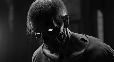 Scary man with black mask in dark room. Horror concept.の写真素材