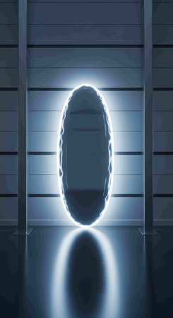 Illustration of an empty room with a glowing door and a mirror