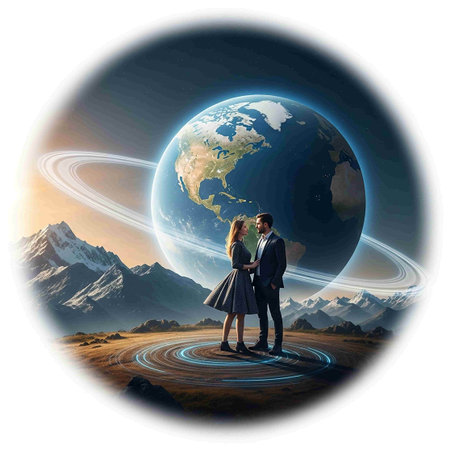 Couple in love on the background of the planet.