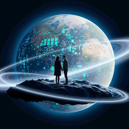 Image of businessman and businesswoman looking at planet earth with binary codeの写真素材