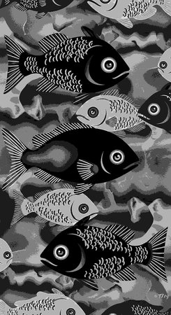 Seamless pattern with black and white fishes. Vector illustration.の写真素材