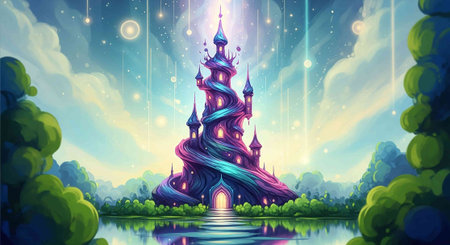 Magic Fairy Tale Landscape with Castle and Pond, Vector Illustrationの写真素材