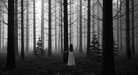 Black and white image of a girl in a long white dress in a dark foggy forest