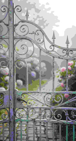 Old iron gate in the garden. Grunge background for designの写真素材