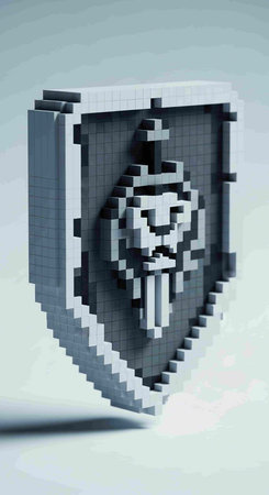3D illustration of a pixelated shield with the image of a knight.の写真素材