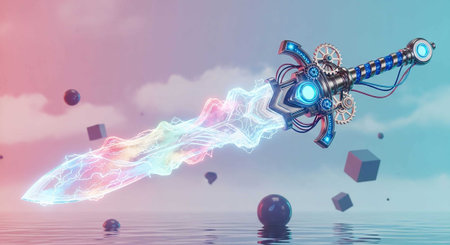 Futuristic robot arm with glowing lightning over water surface 3D renderingの写真素材