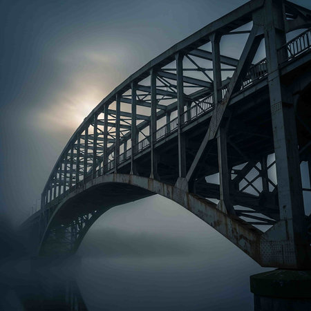 Bridge over the river in a foggy morning. 3d renderの写真素材