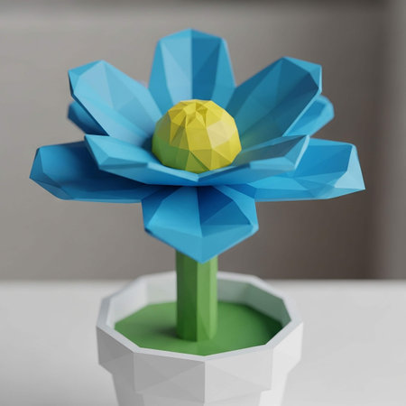 Blue origami flower with yellow ball on white table. 3d rendering
