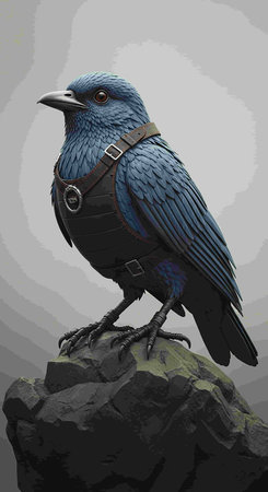 Illustration of a crow sitting on a rock with a blue collarの写真素材