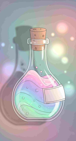Illustration of a bottle with a magic potion on a colorful backgroundの写真素材