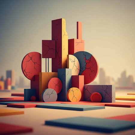 Abstract colorful city background with geometric shapes. 3d render illustration.の写真素材
