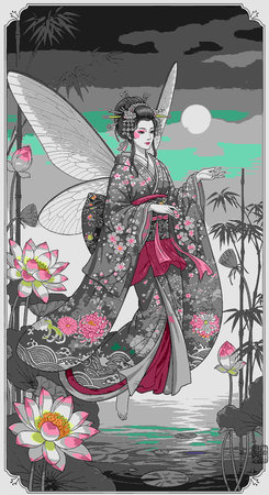 Illustration of a fairy in a kimono with a dragonflyの写真素材